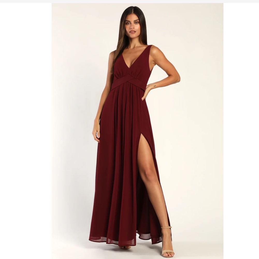 Lulu’s Gorgeous On Arrival Burgundy Chiffon Cowl Back Maxi Dress